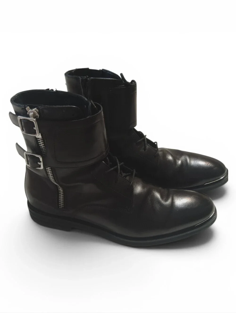 Alexander McQueen Black Leather Lace-Up Ankle Boots with Buckle Straps